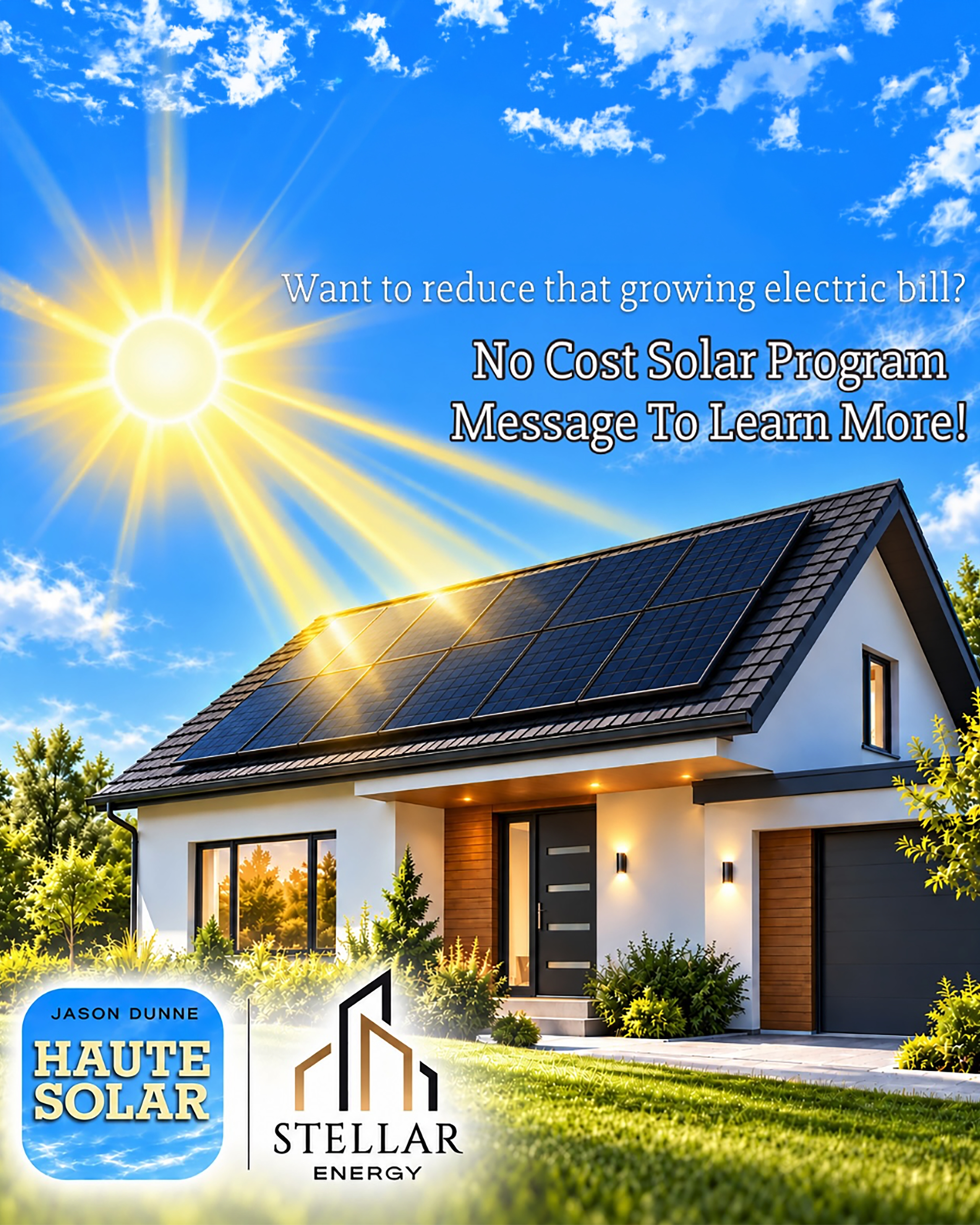 Haute Solar and Stellar Energy solar program: a home with rooftop solar panels. Message Jason to learn more.